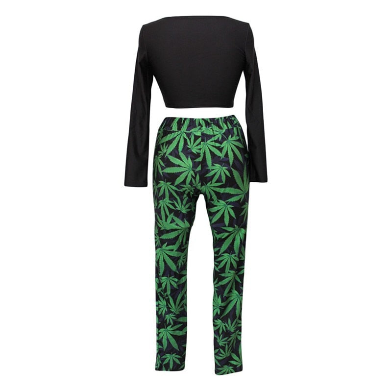 Two-Piece Set: Sexy Black Crop Top & Green Pants