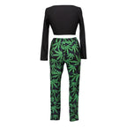 Two-Piece Set: Sexy Black Crop Top & Green Pants