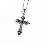 Silver Gothic Cross Necklace with Red Crystals
