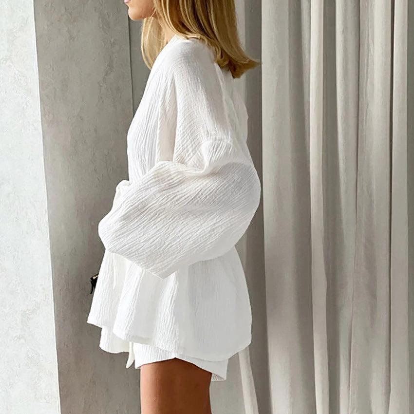 2023 Women's Long Sleeve Robe & Shorts Sleep Set