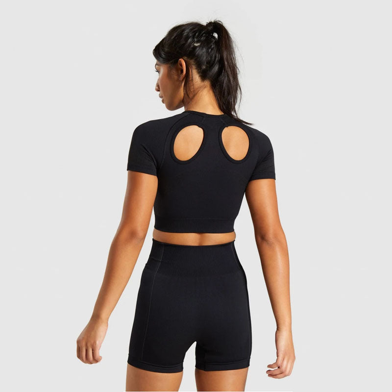 Seamless Knit Crop Top and Shorts Yoga Set