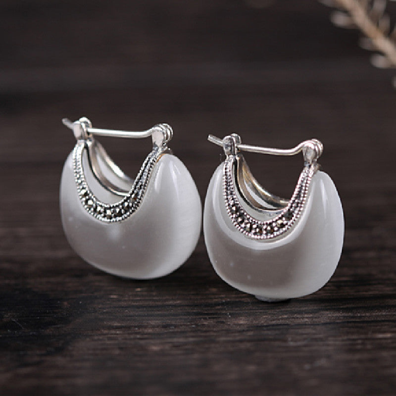 Silver Green Cat's Eye Stone Earrings