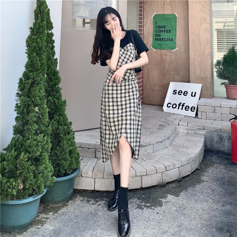 Summer Splicing Plaid Short Sleeve Dress for Women