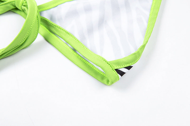 Zebra Print Micro Triangle String Bikini Set with Neon Trim