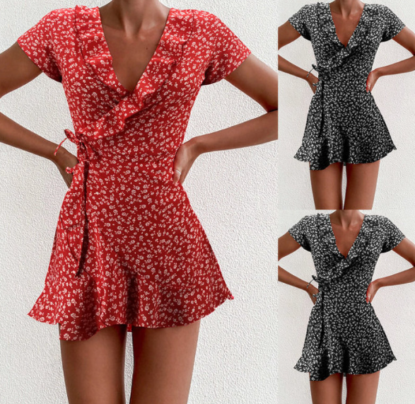 Summer V-Neck Ruffled A-Line Lace Dress