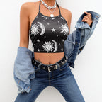 Crop Top with Star & Moon Print and Sun God Design