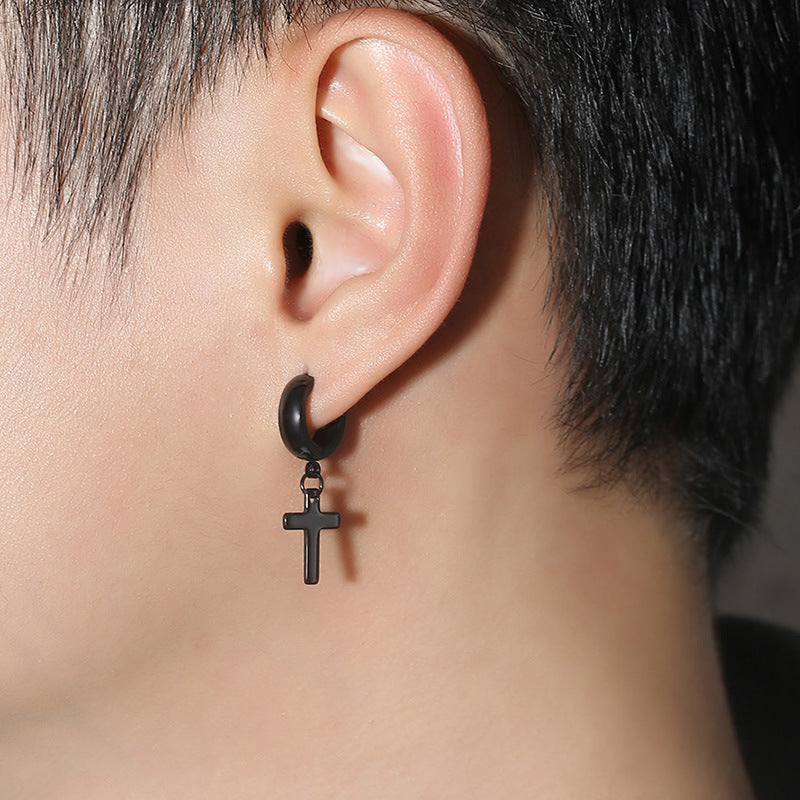 Stainless Steel Cross Drop Hoop Earrings