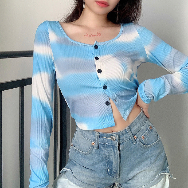 Jennie Style Blue Tie-Dye Long Sleeve Crop Top