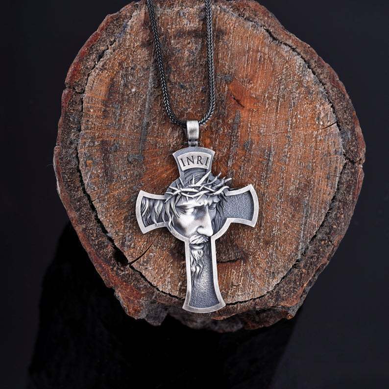 Jesus Face INRI Cross Pendant Necklace