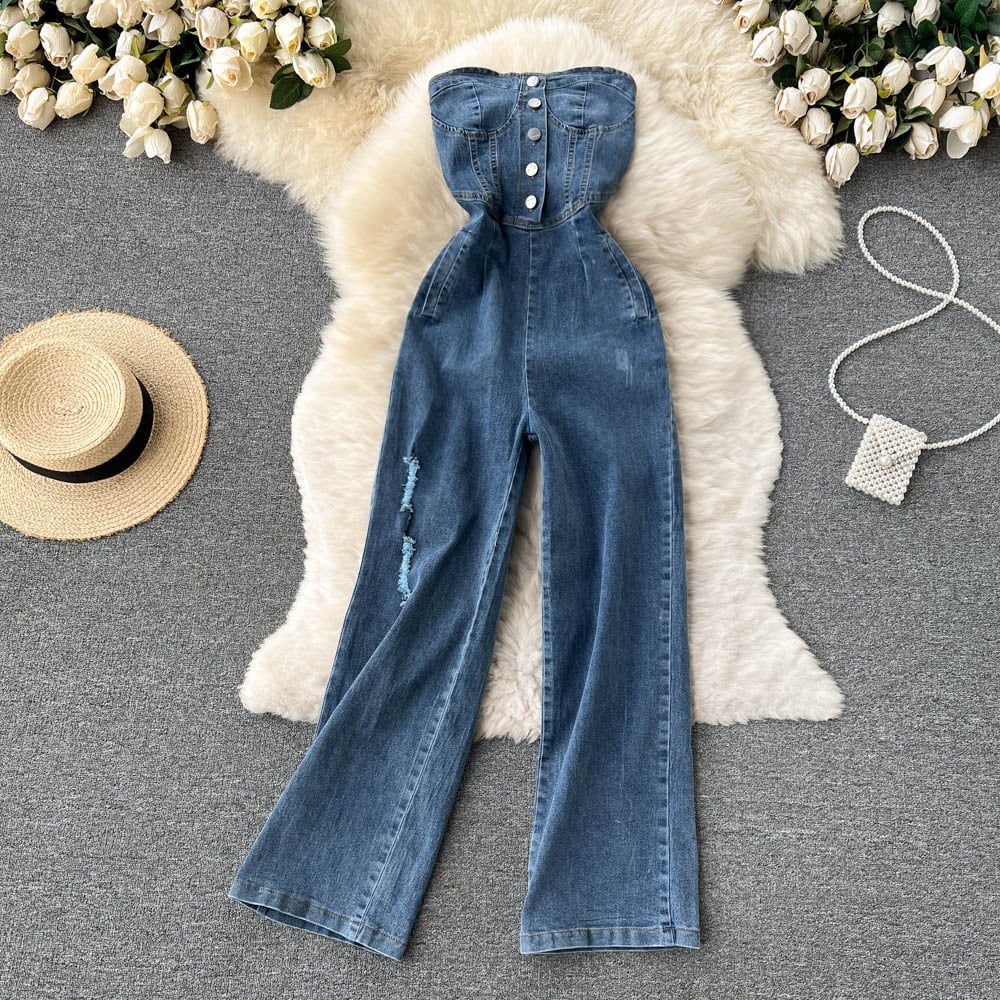 High Waist Denim Tube Top & Wide Leg Pants Set
