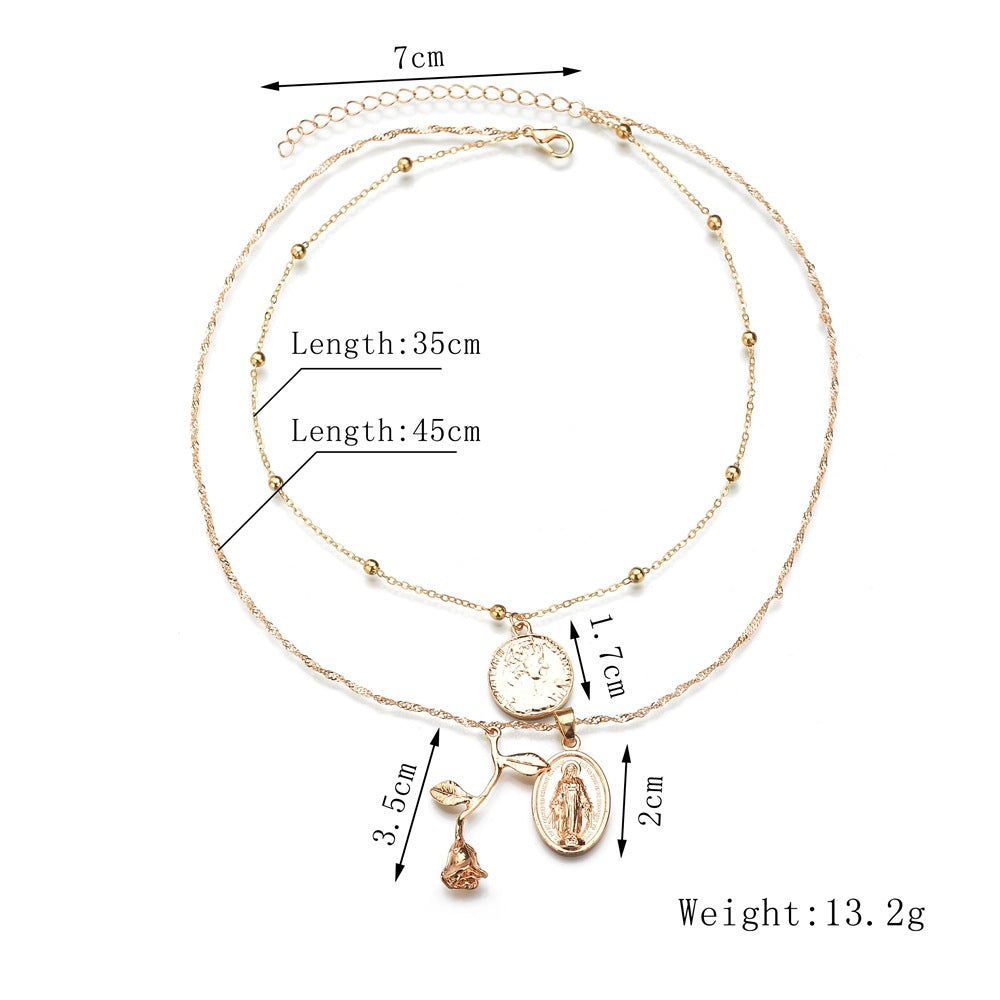 Layered Rose and Medallion Pendant Necklace