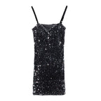 Sequin A-Line Dress with V-Neck and Spaghetti Straps