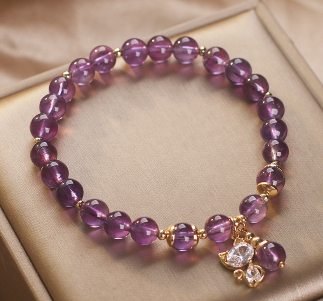 Amethyst Beaded Bracelet with Cat Charm for Women