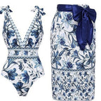 Blue Floral Print Swim Skirt and Bikini Set