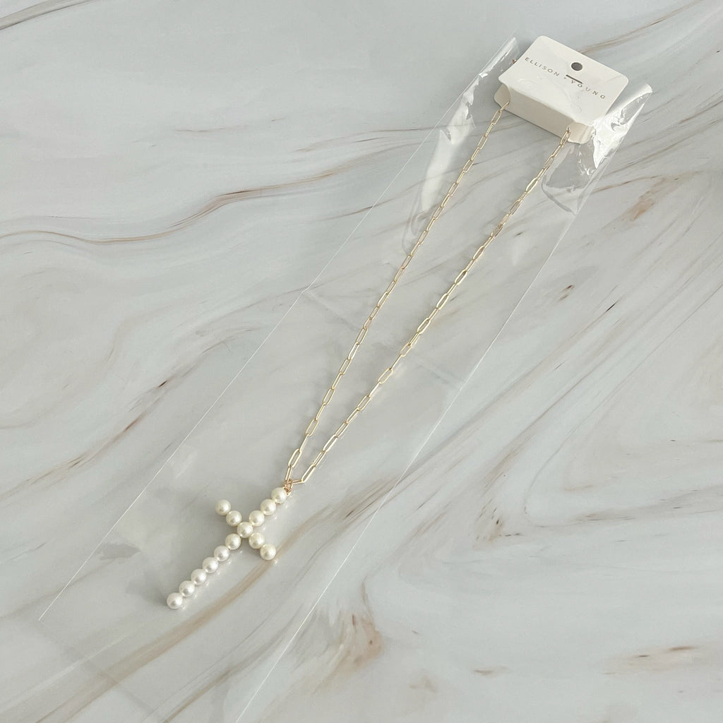 Pearl Cross Pendant Paperclip Chain Necklace