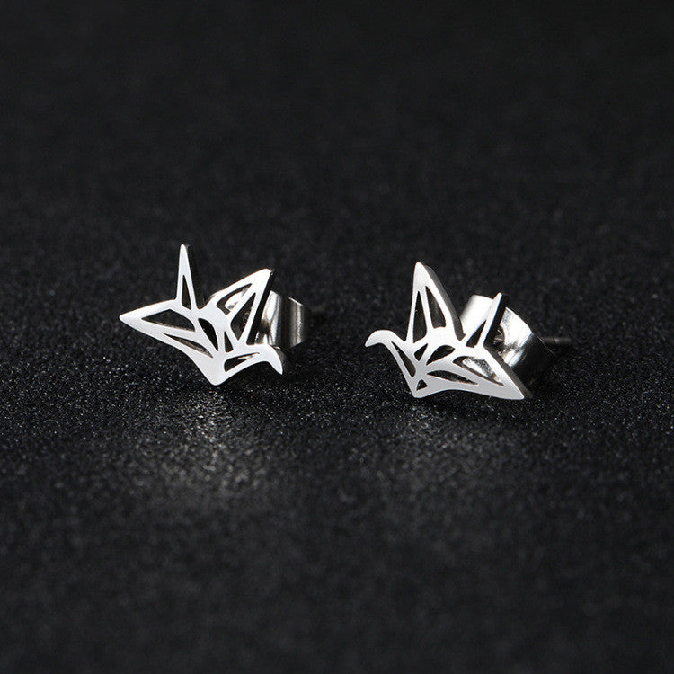 Titanium Steel Origami Crane Stud Earrings