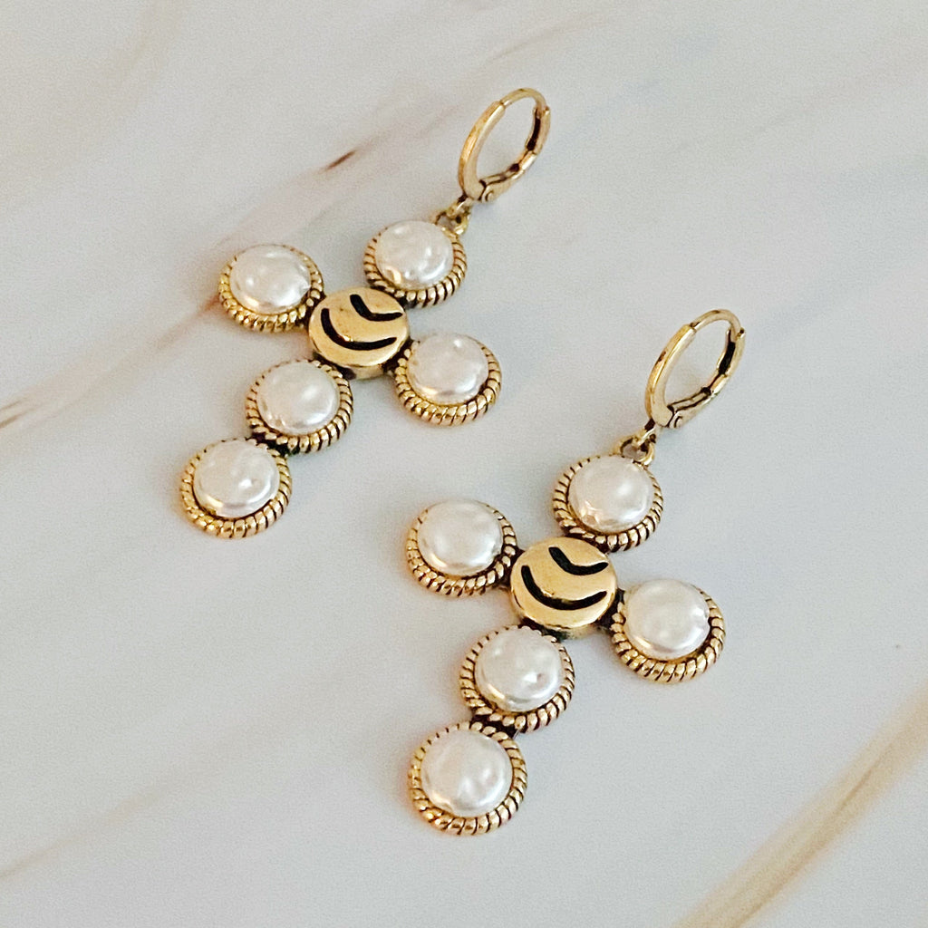 Pearl Cross Drop Earrings