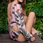 Long-Sleeve Tropical Print One-Piece Swimsuit
