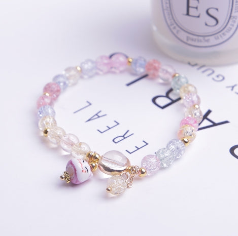 Crystal Beaded Bracelet with Lucky Cat Charm