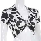 V-Neck Short Sleeve Cow Print Crop Top with Cutout Ring