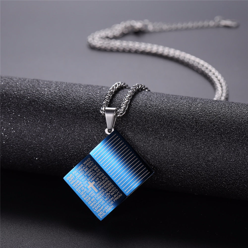 Collar con colgante de Biblia Sagrada azul de Jesús en acero inoxidable