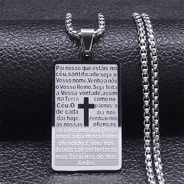 Stainless Steel Lord's Prayer Cross Dog Tag Necklace | Christian Jewelry