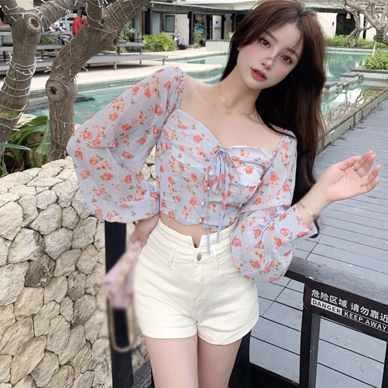 Korea Style Floral Off Shoulder Chiffon Crop Top
