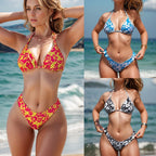 Women's Black-and-White Floral Halter Triangle Bikini Set