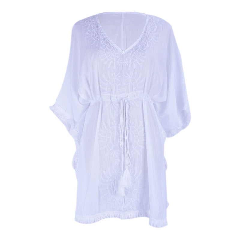 Loose V-Neck Embroidered Beach Cover-Up for Women
