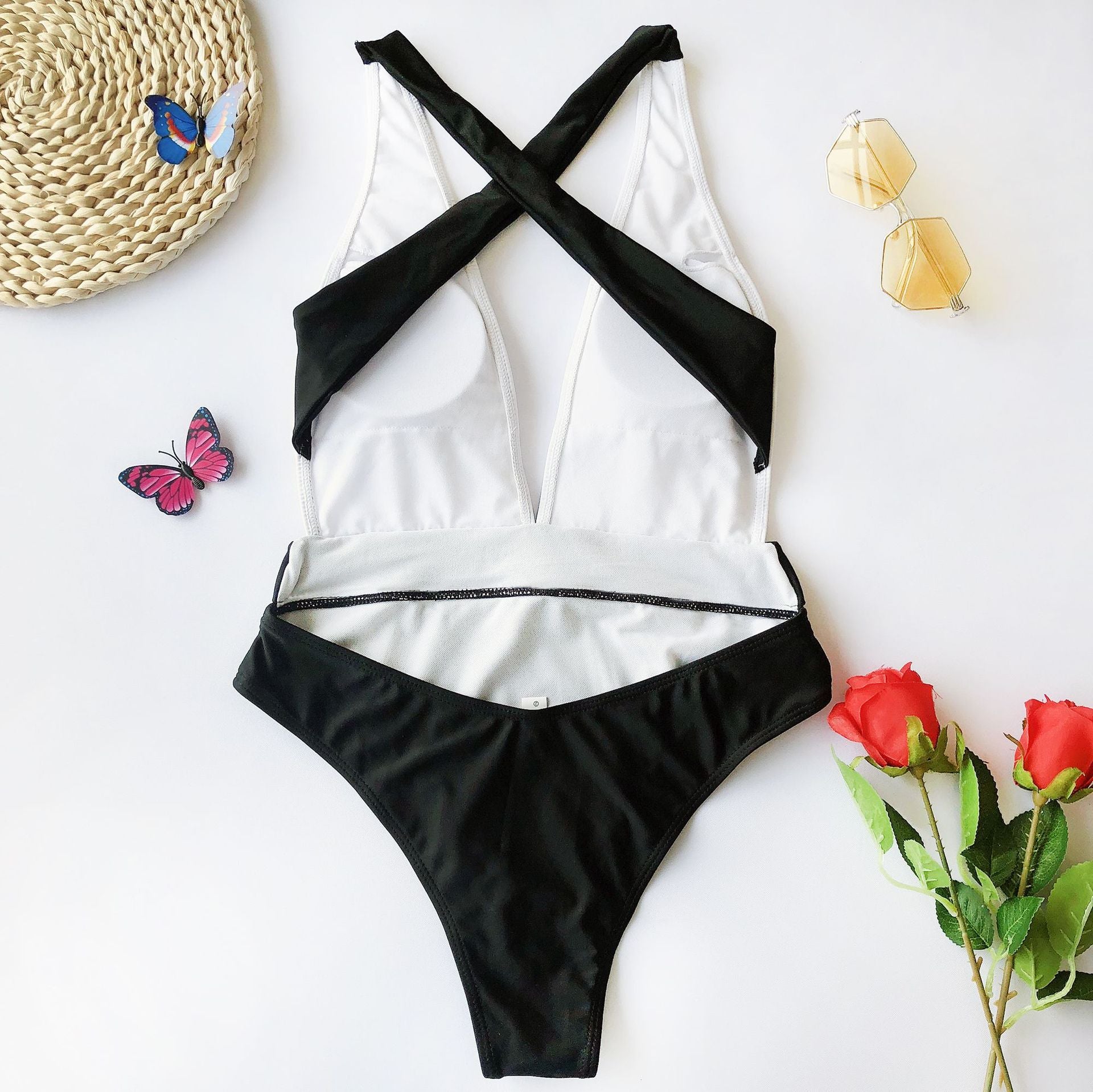 Color Block Plunge One-Piece Swimsuit with Belt