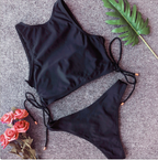 Burgundy Lace-Up High-Neck Bikini Set