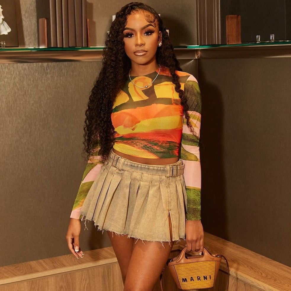 2023 Fashion Tie-Dye Crop Top with Long Sleeves