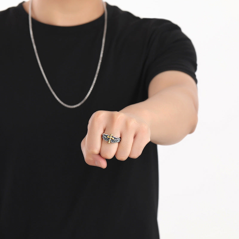Vintage Men's Fashion Ring with Cross and Wings Design