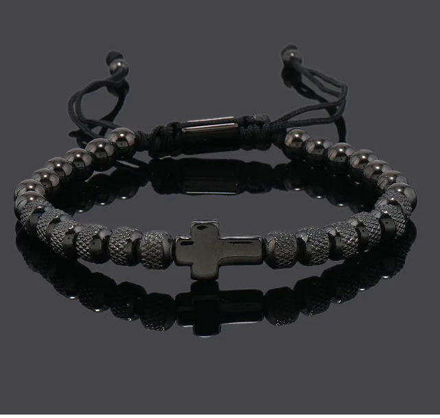Steel Cross Adjustable Beaded Bracelet