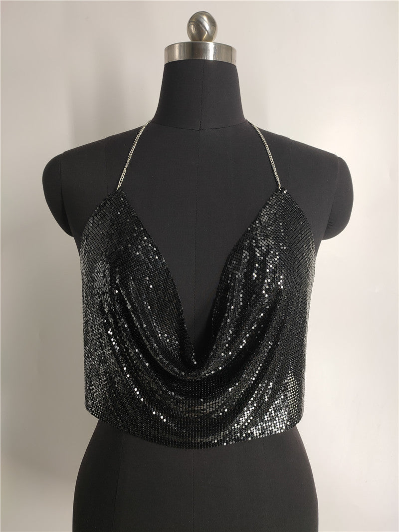 Metallic Sequin Chain Strap Deep V Crop Top for Women