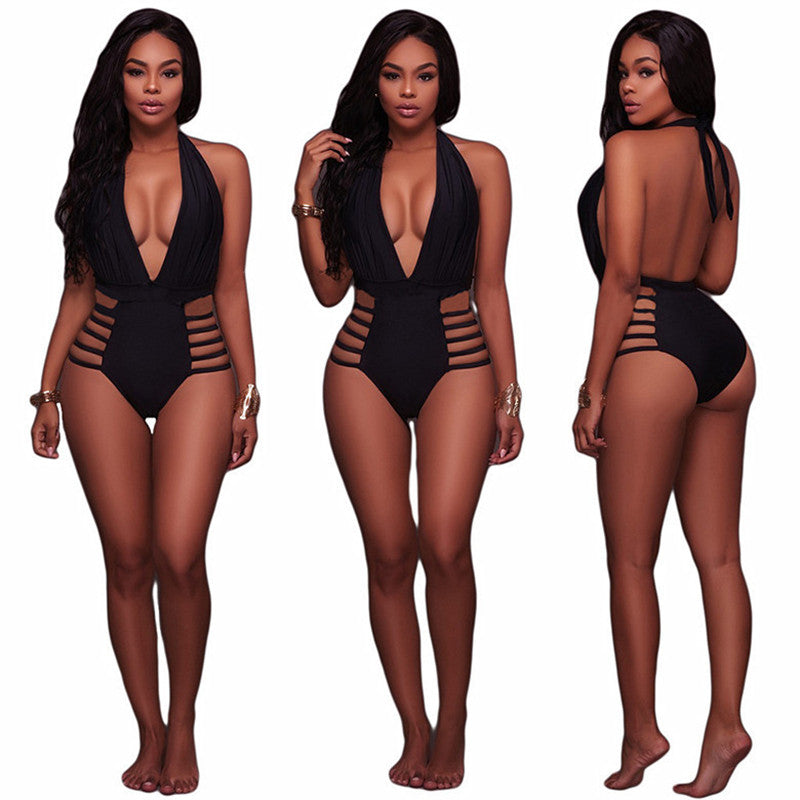 Plunge Halter Strappy-Side One-Piece Swimsuit
