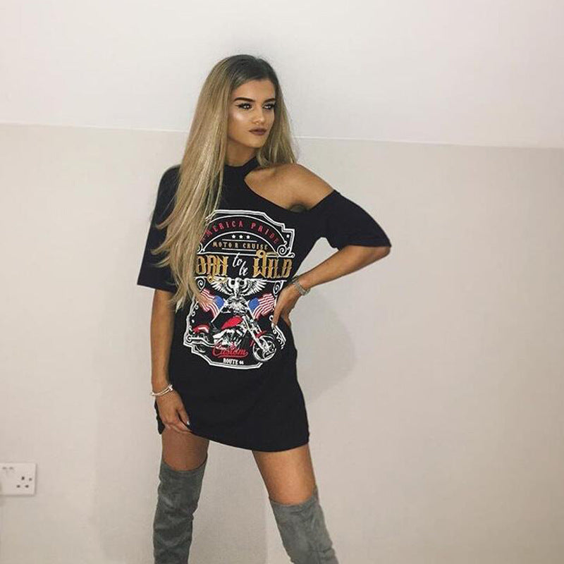 Printed Off-Shoulder Halter Top, Long Women's T-Shirt