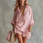 Women's Cotton-Linen Beach Shirt and Shorts Set