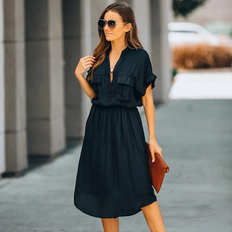 Deep V-Neck Beach Cover-Up Dress with Pockets