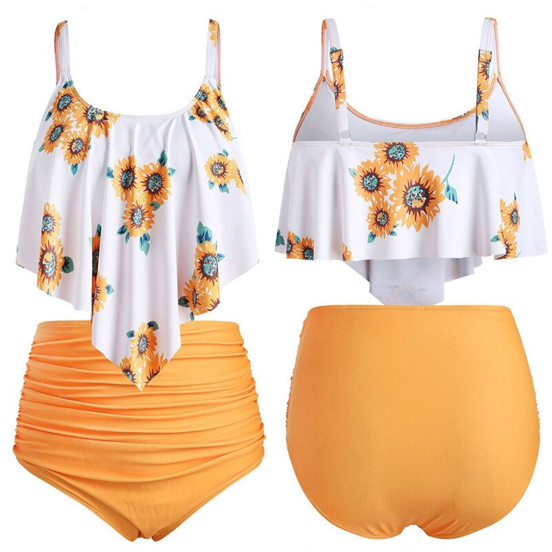 Sunflower Ruffle High-Waist Tankini Set