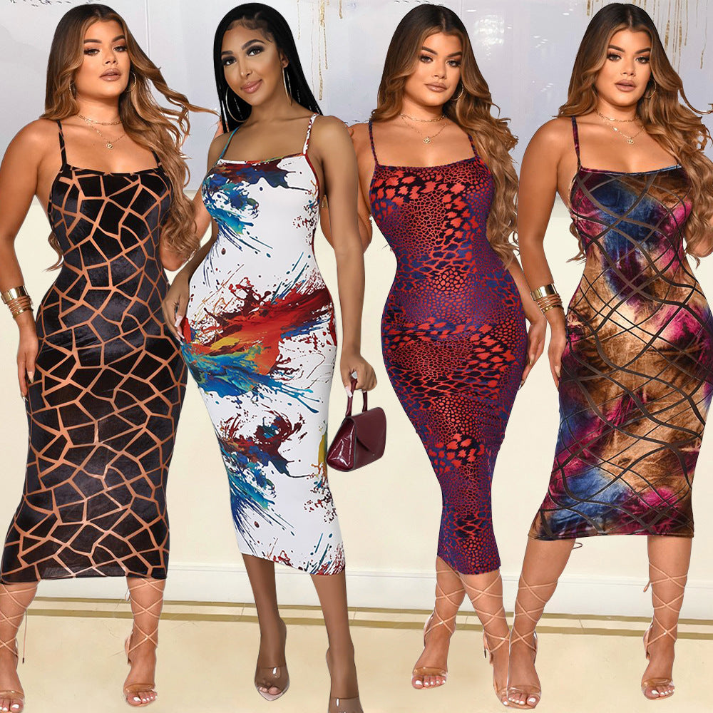 Printed Spaghetti-Strap Bodycon Midi Dress