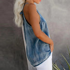 Women's Denim Tank Top with Open Back Design