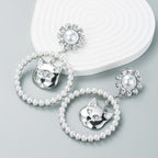 Pearl Hoop Cat Face Drop Earrings