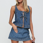 Women's Sleeveless Lace-Up Denim Vest and Shorts Set