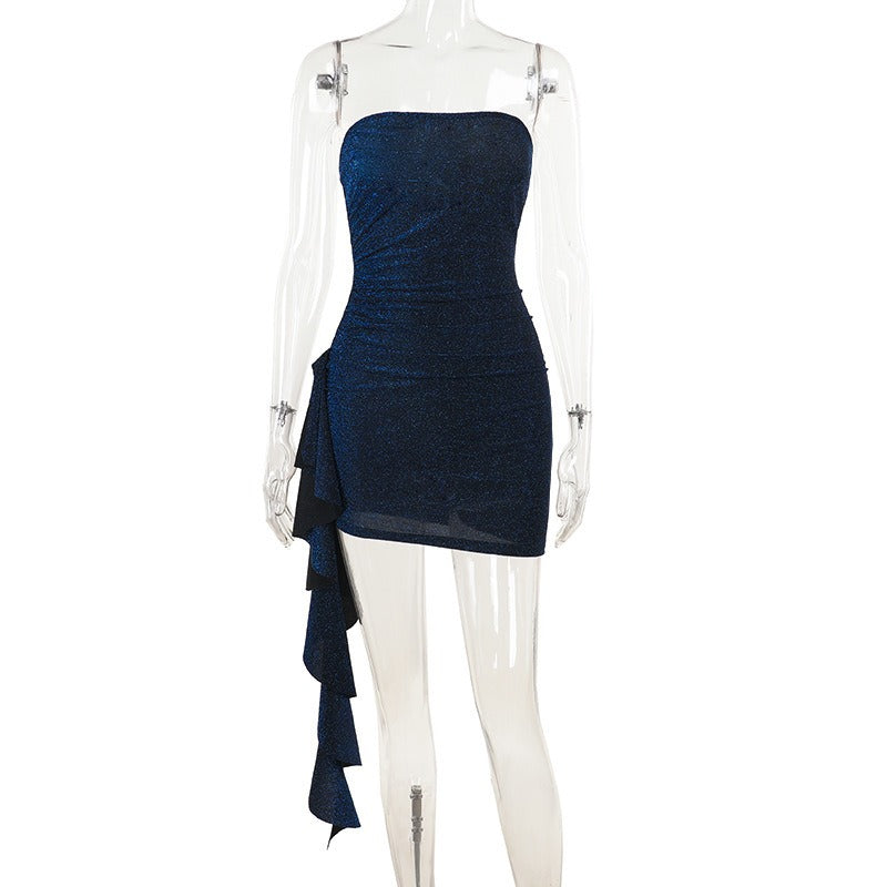 Elegant Shiny Tube Top Ribbon Mini Dress
