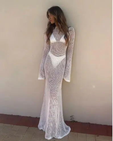 White Crochet Knit Long Sleeve Maxi Beach Cover-Up