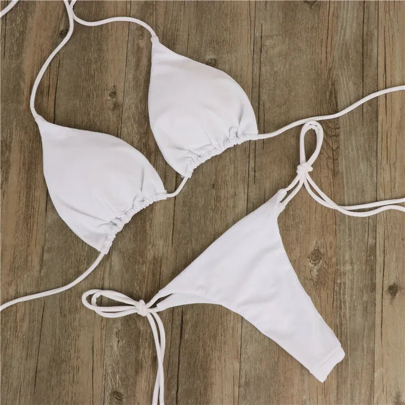 Women's White Halter Neck String Bikini Set