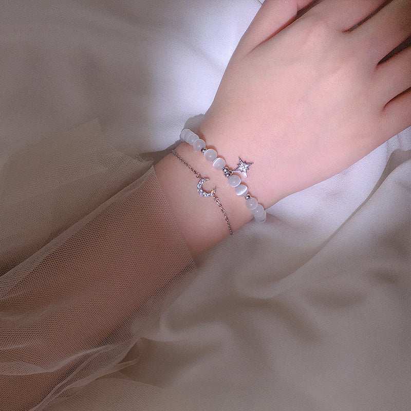 Star and Moon Cat's Eye Stone Bracelet Set