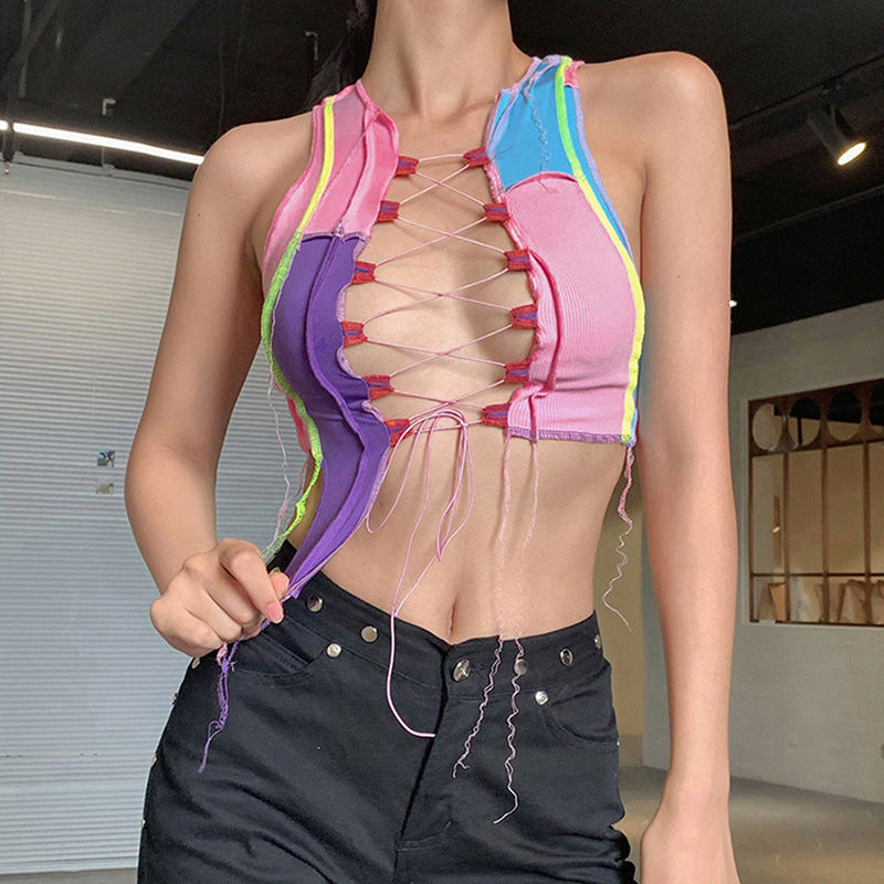 Color-Blocked Lace-Up Short Fitted Tank Top