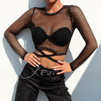Hollowed Long Sleeve Crop Top with Round Neck